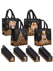 4pcs/1pc Black Christmas Gift Bags With Handles, Christmas Tree And Snowman Pattern, Portable Party Gift Bags, Non-Woven Fabric Shopping Bags, Suitable For Christmas And Daily Use - One Size Fits All - View 1