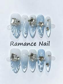 10pcs Handmade Press-On Fake Nails, Blue Cat Eye Ocean Heart Elegant Design, Long Almond Fish Tail Shape With Rhinestones, For Women - Baby Blue - View 3