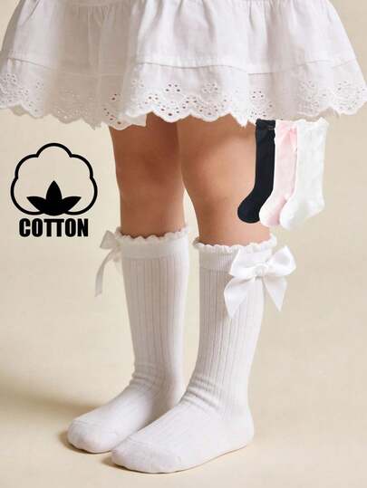 3 Pasang Kaos Kaki Panjang Katun untuk Anak Perempuan Balita dengan Pita Warna Polos Gaya Sekolah