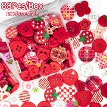 11/22/33/44/55/66/77/88/99Pcs Boxed Red Mixed Color Handmade Button Set, Heart Floral Star Plaid Print Resin Buttons, Multi-Hole Sewing Buttons Suitable For DIY Handmade Scrapbook Decoration Buttons, Clothing Accessories - Multicolor - View 16