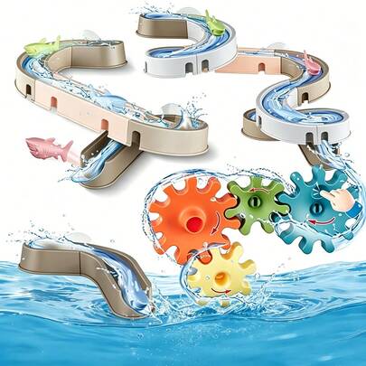 11/21/33/29Pcs Shark & Gear Bathroom Marble Run Water Track Toy, Suction Cup Wall Assemble Bath Slide Game, Shower Water Play Toy For Kids Over 18 Months Old