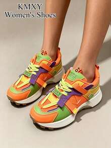 2026 New Women's Sports Shoes Thick Sole Chunky Heel Sneakers Spring/Summer Height Increasing Black & White Colorway Breathable Mesh Patchwork - Orange-red - View 5