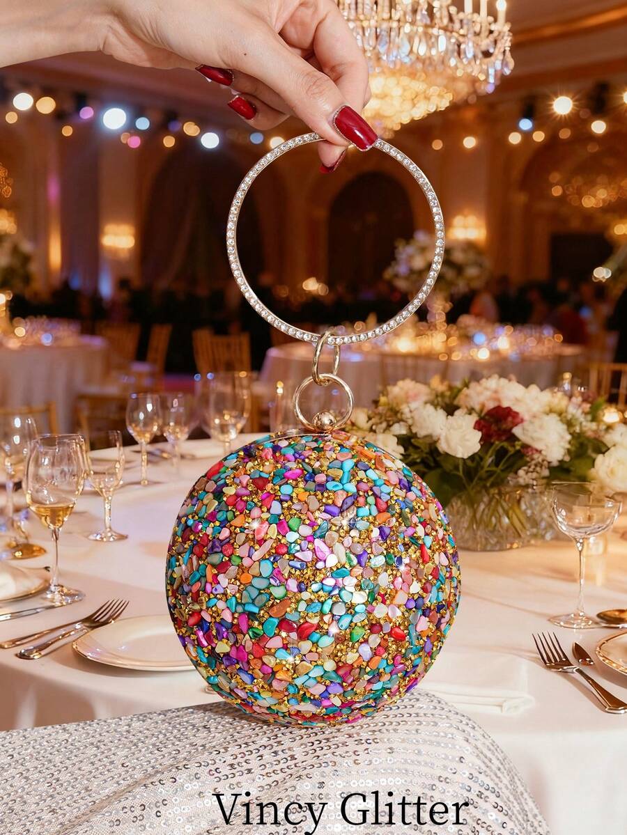 Spherical Small Round Bag With Sparkling Rhinestone Decor, Handheld Evening Bag, Party Bag, Evening Clutch, Fashionable Luxury Bag For Formal Dresses, Parties And Events - Multicolor - View 1