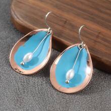 Bohemian Water Drop Dangle Earrings, Rose Gold Frame With Sky Blue Oil Drop And Floating Pearl, Lightweight And Comfortable, Suitable For Summer Outfits, Beach Vacation, Travel - Silver - View 3