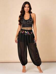 Professional Belly Dance Rhinestone Fringe Halter Crop Top, Elastic Waist Dot Mesh Harem Pants For Dance Training, Gala Shows And Competitions - Multicolor - View 1