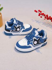 1 Pair Back-To-School Essential Casual Two-Tone Patchwork Hip-Hop Thick Sole Sports Sneakers Streetwear Lace-Up Skate Shoes Non-Slip - Blue - View 5