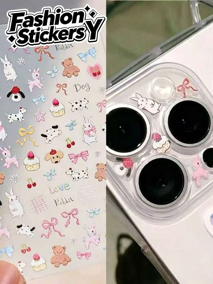 1pc Korean Ins Style Cartoon Animal Lens Decoration Sticker, Cute Rabbit Bear Bow Cake Pattern Phone Camera Lens Decor Sticker, Self-Adhesive DIY Lens Ring Decoration, Minimalist Versatile Phone Case Lens Frame Decorative Material, Small Exquisite Atmosphere Phone DIY Decoration Accessory - 1 Cute Cartoon Animal - View 1