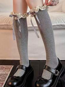 1 par de calcetines hasta la rodilla para mujer, de punto, suaves y cómodos, amigables con la piel, con lazo de encaje multicolor, estilo vintage, elegante, dulce, casual y versátil, adecuados para todas las estaciones - Multicolor - Ver 4