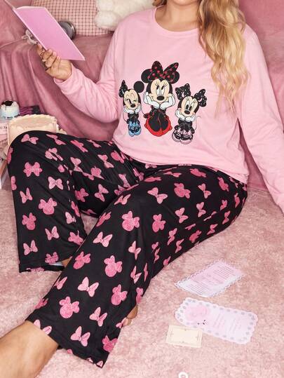 Disney 2 Pieces Plus-Size Pink Pajama Set For Women, Featuring A Mickey And Minnie Mouse Print Top And Pajama Pants, Casual Loungewear.