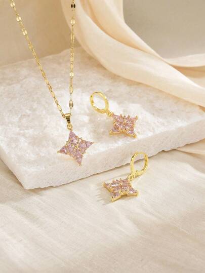 1pc Fashion Cubic Zirconia Four-Pointed Star Stainless Steel Women's Necklace, 1 Pair Fashion Cubic Zirconia Four-Pointed Star Stainless Steel Women's Earrings, Geometric Pattern, Gold Earrings, Gold Necklace, Stainless Steel Jewelry, Gold Jewelry, Summer, Beach, Vacation Jewelry, Charm, Pride, Western Jewelry, Beach Accessories, Gift, Birthday Gift