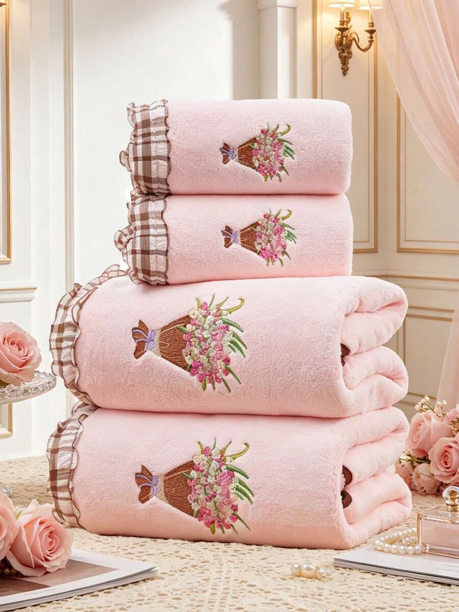 珊瑚絨刺繡玫瑰臉巾、浴巾、手捧花、婚禮裝飾、伴娘、吸水超細纖維純色刺繡浴巾或毛巾、情侶款居家手巾浴巾、柔軟親膚浴室毛巾、浴室用品、沙灘巾，適用於浴室、飯店、開學季、居家必需品、毛巾、護膚