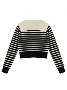 Cardigan Rajut Lengan Pendek Kancing Tunggal dengan Kerah Biru Tua Inggris Warna Kontras Vintage untuk Musim Gugur - Aprikot - View 6
