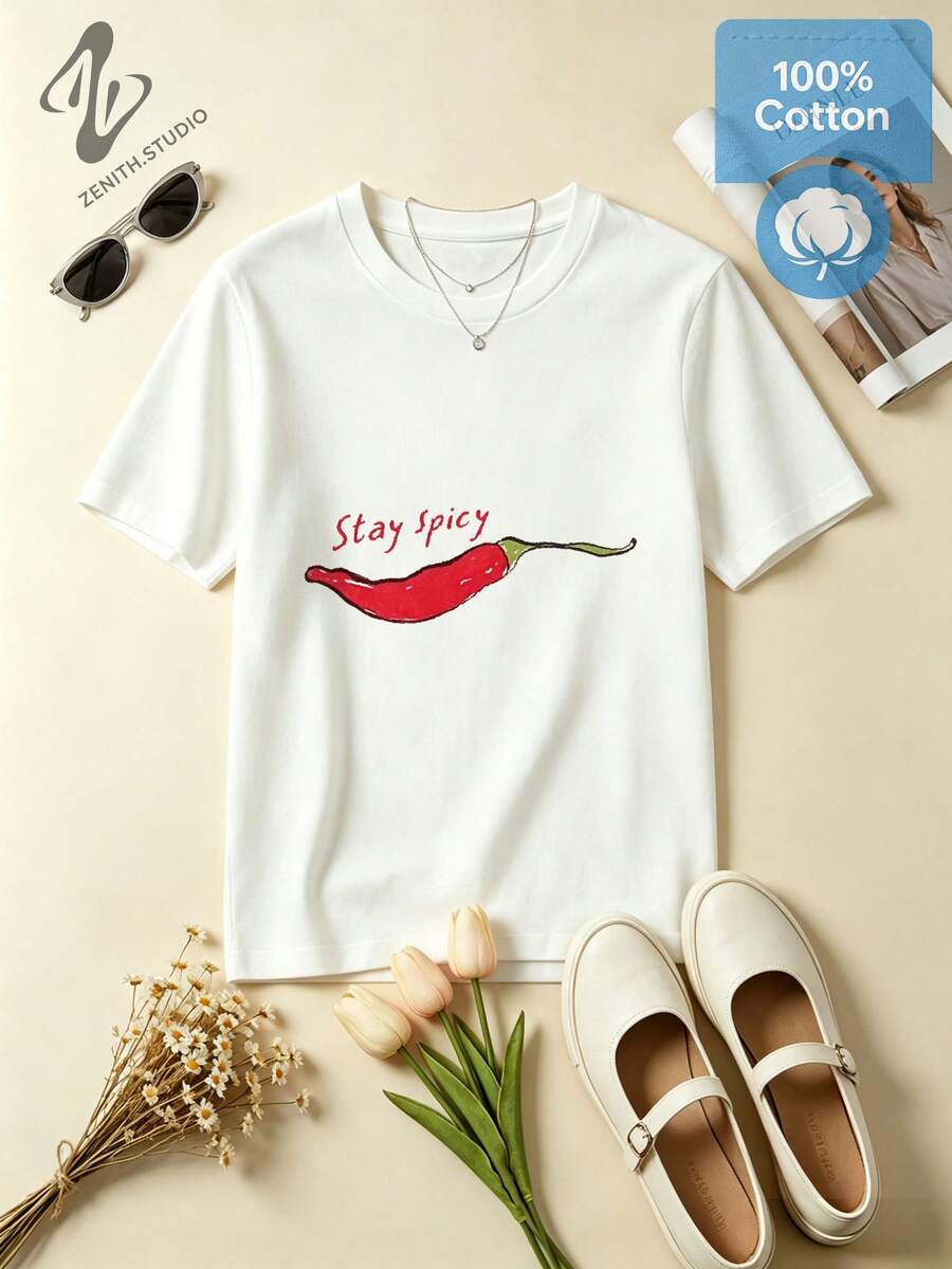 STAY SPICY Fun Red Chili Pepper Print Cotton Short Sleeve T-Shirt For Daily Wear Edgy Aesthetic - 白色 - 查看 1