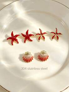 Ins Fresh Beach Multi-Motif Earrings, Dual Lined Starfish & Gradient Fan Shell Shape, Skin- 304 Steel, Summer Vacation Accessory - Multicolor - View 10