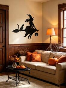 1 Peça Decoração de Parede de Ferro Bruxa Voadora, Bruxa Montada em Vassoura com Silhueta de Gato Preto e Abóbora, Decoração de Jardim, Adequado para Sala de Estar, Lareira, Varanda, Quintal, Jardim, Decoração de Festa de Halloween, Melhor Presente de Decoração para Casa para Amigos/Família - Gato Bruxo - Visão 5
