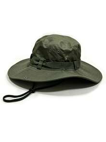 1pc New Solid Color Outdoor Hat, Wide Brim Sun Hat With Drawstring, Suitable For Casual, Hiking, Fishing, Camping, Cycling, Mountaineering, Sun Protection, Windproof, Unisex Bucket Hat - Dark Green - View 3