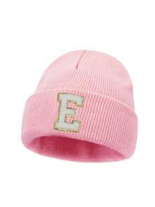 1PC Children's Knitted Hat With 26 Letters Pattern, Solid Color Knitted Caps, Children Hats For Girls, Warm Beanies For Outdoor, Autumn/Winter - Pink - View 7