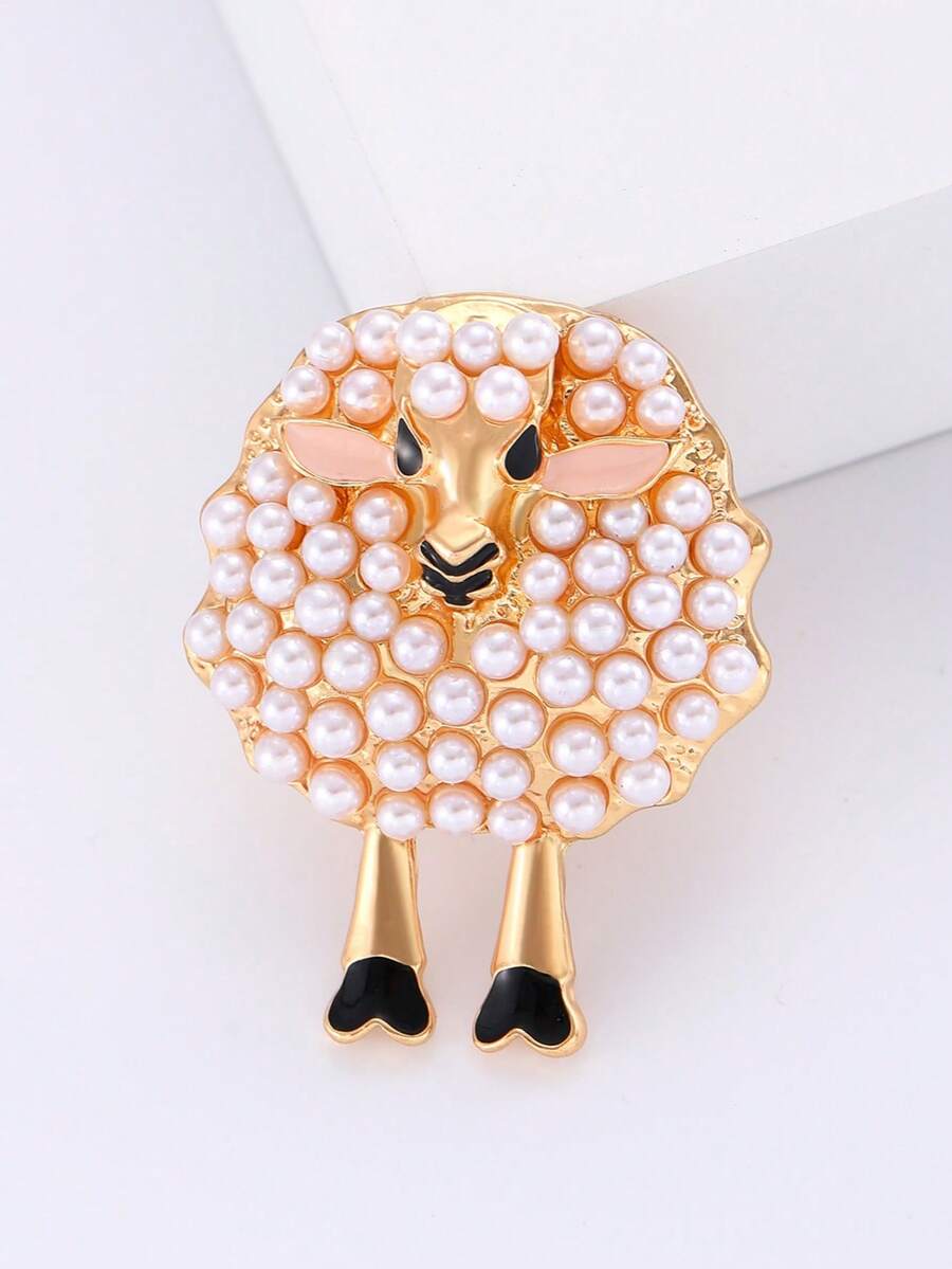 1pc Exquisite Sheep-Shaped Faux Pearl Brooch - Elegant Rhinestone Inlaid Fashion Accessory Suitable For Scarves, Sweaters, Dresses And Coats - Perfect Decoration For Any Occasion - White - View 1