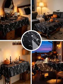 MineLain 1pc Halloween Party Tablecloth, Black, Skull Print Pattern, Rectangular Tablecloth, Washable, Tabletop Decoration, Holiday Decoration, Suitable For Halloween Event Decoration, Restaurant Decoration, Theme Party Decoration, Indoor And Outdoor Decor, Halloween Decoration - Black - View 3