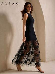 ALIAO Women's Black Solid Color 3D Floral Patchwork Boat Neck Sleeveless Fitted Mermaid Long Dress, Sheer Hemline Atmosphere Wedding Party Fall - Black - View 4