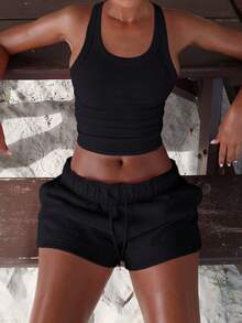 Unadoll Women Fall Black Casual Sporty Two‑Piece Set, Ribbed Racerback Crop Tank & Drawstring Shorts For Back To School, Sports & Daily Wear - Black - View 3