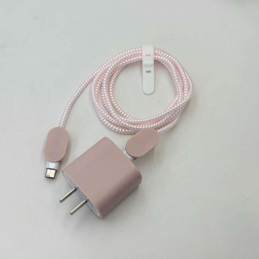 5件組粉色皮革紋理新款 Apple 20W 充電器保護殼 數據線保護套,相容 iPhone 17/16/15/14,防斷裂 - 粉色 - 查看 1