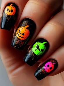 24PCS Halloween Long Ballet Nails, Glow-In-The-Dark Pumpkin, Ghost, Demon, Bat, Alien, Mummy, Spider, Skull Press-On Fingernails Set With Nail File And Jelly Glue, Suitable For Women And Girls, Y905 Multi-Color Pumpkin - Multicolor - View 1