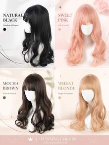 Long Wavy Synthetic Fiber Wig With Bangs, Natural Looking Soft Hairpiece With Breathable Rose Lace Inner Net, Women's Halloween Daily Wear Cosplay Wear Wig - Multicolor - View 3