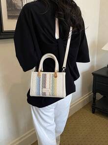 Fashionable Vacation Style Colorful Striped Handbag Women's New Woven Handle Niche Shoulder Crossbody Bag Mini Square Bag - A - View 5