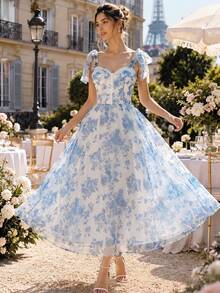 Women's Blue Floral Print Bow Tie Shoulder Mid-Length Dress, Sweetheart Neckline, Cinched Waist, Flared Skirt, Summer Autumn Garden Party, Wedding Guest, Holiday Vacation - Blue - View 2