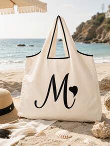 Sac cabas blanc à la mode avec initiale artistique A-Z noire, design avec bordure noire, matériau en taffetas enduit de polyester, sac de courses pliable et portable, sac cabas grande capacité pour femmes avec design facile à plier, convient pour un usage quotidien, les voyages, les vacances, l'école, la rentrée scolaire, le travail et les courses, chariot multifonctionnel, poignée robuste, cadeau pour la fête des enseignants, saison de la rentrée scolaire, fête de l'indépendance, voyage de vacances - Multicolore - Voir 3