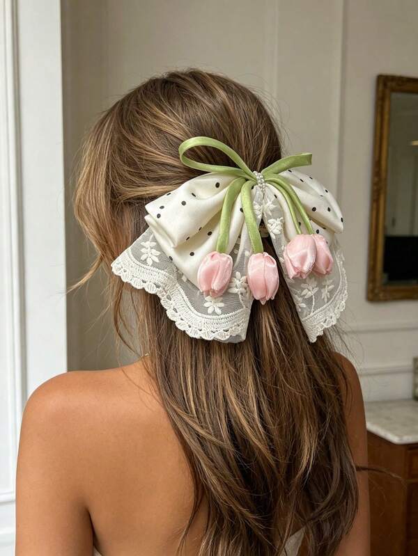 1pc Sweet Pearl Bow Ponytail Claw Clip For Women, Lace Skirt Hem Hair Clip, Back Of Head Half-Up Hair Accessory, Versatile For Daily/Date/Commute