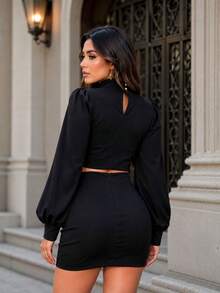 Women's Tailored Set Cropped Long Puff Sleeve And Short Skirt Elegant Party Fashion Autumn Winter - 黑色 - 查看 3