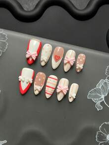 Conjunto de 10 Peças de Unhas Postiças Feitas à Mão, Estilo Y2K, Unhas Fofas e Doces com Laços, Unhas Falsas em Formato de Amêndoa Rosa e Branca, Listras, Bolinhas, Corações Vermelhos e Enfeites de Laço 3D, Reutilizáveis. Adequado para Uso Diário/Ocasiões Festivas. - Multicolorido - Visão 3