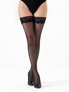 20D/70D 1 Paar Damen Spitzen rutschfeste Silikon elastische atmungsaktive transparente Valentinstag limitierte sexy elegante Spitzen Mode Overknee Socken (Polka Dot/Rücknaht Jacquard), mit rutschfestem Silikon, sexy rutschfeste enge Socken, schlankmachende vielseitige Socken, geeignet für Party, Urlaub, Alltag - Schwarz - Übersicht 6