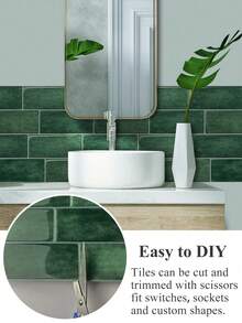 防水 2D 磚紋牆板 DIY 貼磚，可移除自黏式牆貼，適用於廚房浴室防濺牆及節日裝飾 - 深綠仿瓷牆貼 - 查看 6