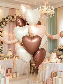6pcs 18-Inch Cream, Coffee, Caramel Heart-Shaped Foil Balloons Set, Vintage Color Palette Birthday Party Decoration, Halloween, Christmas, New Year Decoration, Wedding, Engagement Ceremony, Valentine's Day Party Atmosphere Balloons - View 1