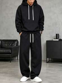 HEYKESON Men's 2 Pieces Sports Set Loose Pullover Hoodie And Wide Leg Drawstring Sweatpants Casual Outfit - Black - View 6