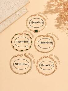 5pcs/Set Niche Luxury Bracelet Set, Emerald Green Square Rhinestone & Multi-Chain Combination Women's Jewelry, Gentle Elegant Design, Suitable For Daily Wear, Mature Style, Party And Vacation, Chain Length Cut, Number Of Links Uncertain - Multicolor - View 4