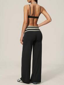 TimeOff Women's One Set Striped Spaghetti Strap Double Strap Bra With Folded Double Waist Wide Leg Pants Sports Set - Black - View 3