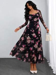 Plus Size Women's Elegant Elastic Mesh Printed Long Dress, Square Neck A-Line Dress, Fitted Waist With Ruched Detail, Suitable For Spring Autumn Garden Date Party Commute Office Versatile - Black - View 2