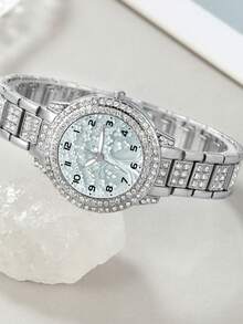 Women's Sparkling Rhinestone Watch, Silver Metal Chain Strap, Delicate Cherry Blossom Floral Dial Analog Wristwatch, Suitable For Daily, Party, Date - A - View 3