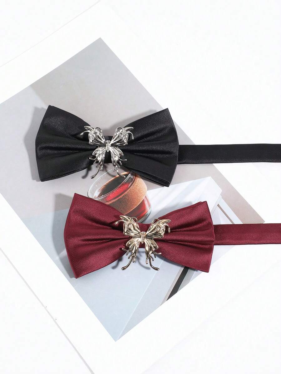 1PC Men's Luxury Gold Hollow Bow Tie, Burgundy Satin Lapel Flower, Groom Wedding Suit Accessory - Multicolor - View 1