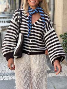 Cardigan Rajut Bergaris Wanita, Sweater Lengan Panjang Panjang Standar, Cocok untuk Musim Gugur/Musim Dingin, Atasan Gaya Vintage Leher Bulat dengan Kancing Depan - Hitam - View 2