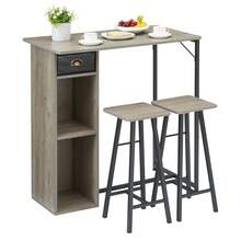 Set de comedor alto de 3 piezas - Mesa de bar pequeña de 91 cm con estantes de almacenamiento - 2 taburetes altos - Estilo industrial moderno - Perfecto para cocina, desayunador o apartamentos - Gris - Ver 5