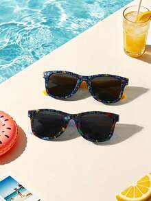 2 pièces/Set Lunettes de mode carrées pour enfants de 6 à 9 ans, montures imprimées de dessins animés multicolores, matériau PC, légères et décontractées, convenant aux activités de plein air, avec étui à lunettes - Multicolore - Voir 2