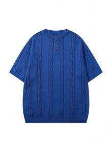 Men's Unisex Round Neck Knit Top, Casual Loose Fit Solid Color Half-Open Collar Short Sleeve T-Shirt, Spring/Summer - Blue - View 3