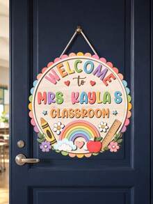 1pc Customized Fan-Shaped Wooden Teacher Name Sign, Personalized Rainbow Floral Welcome Plaque, Back To School Teacher Appreciation Gift, Classroom Welcome Wall Decor, New Teacher Welcome Gift - Multicolor - View 4
