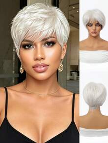 8 Inch Natural Black Pixie Short Bob Wig With Bangs, Heat-Resistant Synthetic Fiber, Breathable Adjustable Mesh Cap, Suitable For Daily Wear, Office, Date, Halloween Party - White - View 3