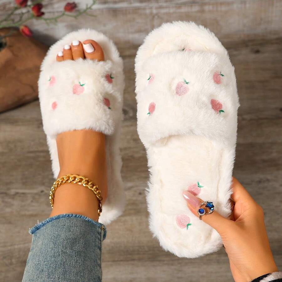 女款居家刺繡蝴蝶結布面室內平底毛絨拖鞋，四季可穿，適合居家地板使用